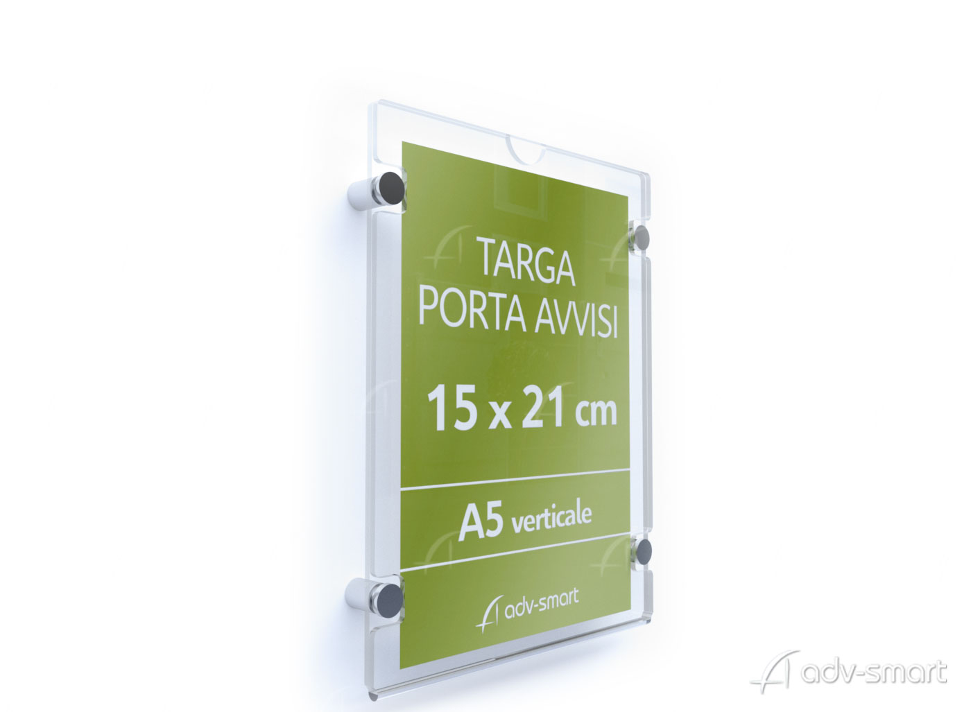 Targa porta avvisi A5 verticale in plexiglass trasparente per fogli 21x15 fissaggio a muro