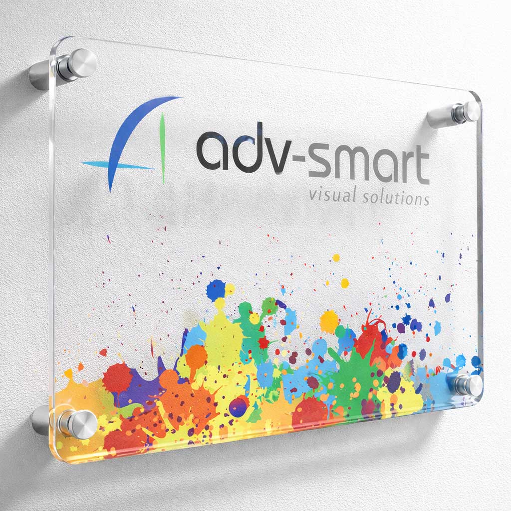 Targa in Plexiglass professionale fondo trasparente fissaggi in acciaio adv-smart