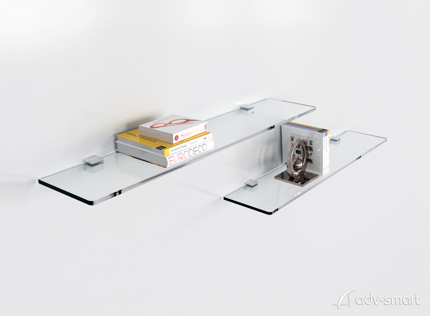 Mensole in Plexiglass 75x15 cm spessore 8mm con libri e oggetti