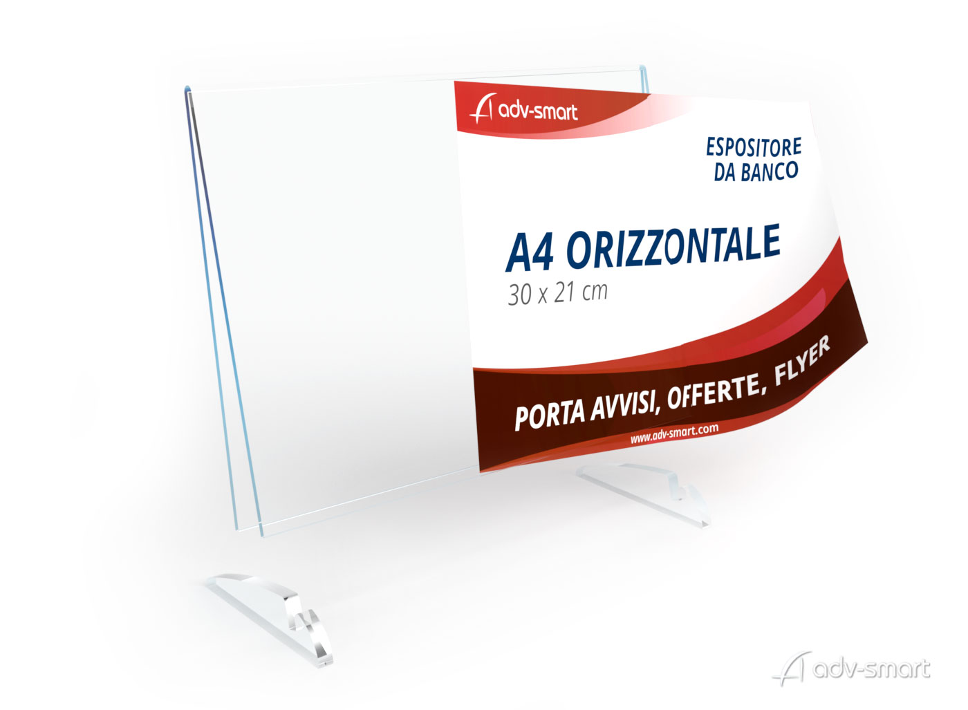 Porta annunci A4 orizzontale, in plexiglass trasparente formato A4 orizzontale, sostituzione del volantino, tasca a V piedini alla base