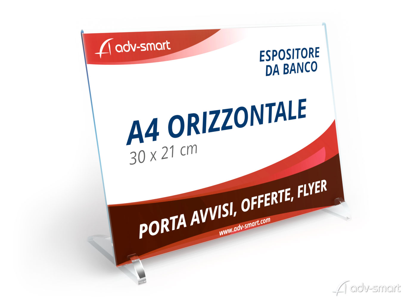 Porta avvisi da banco e depliant formato foglio A4 orizzontale 30x21 cm realizzato in plexiglas trasparente con piedini alla base