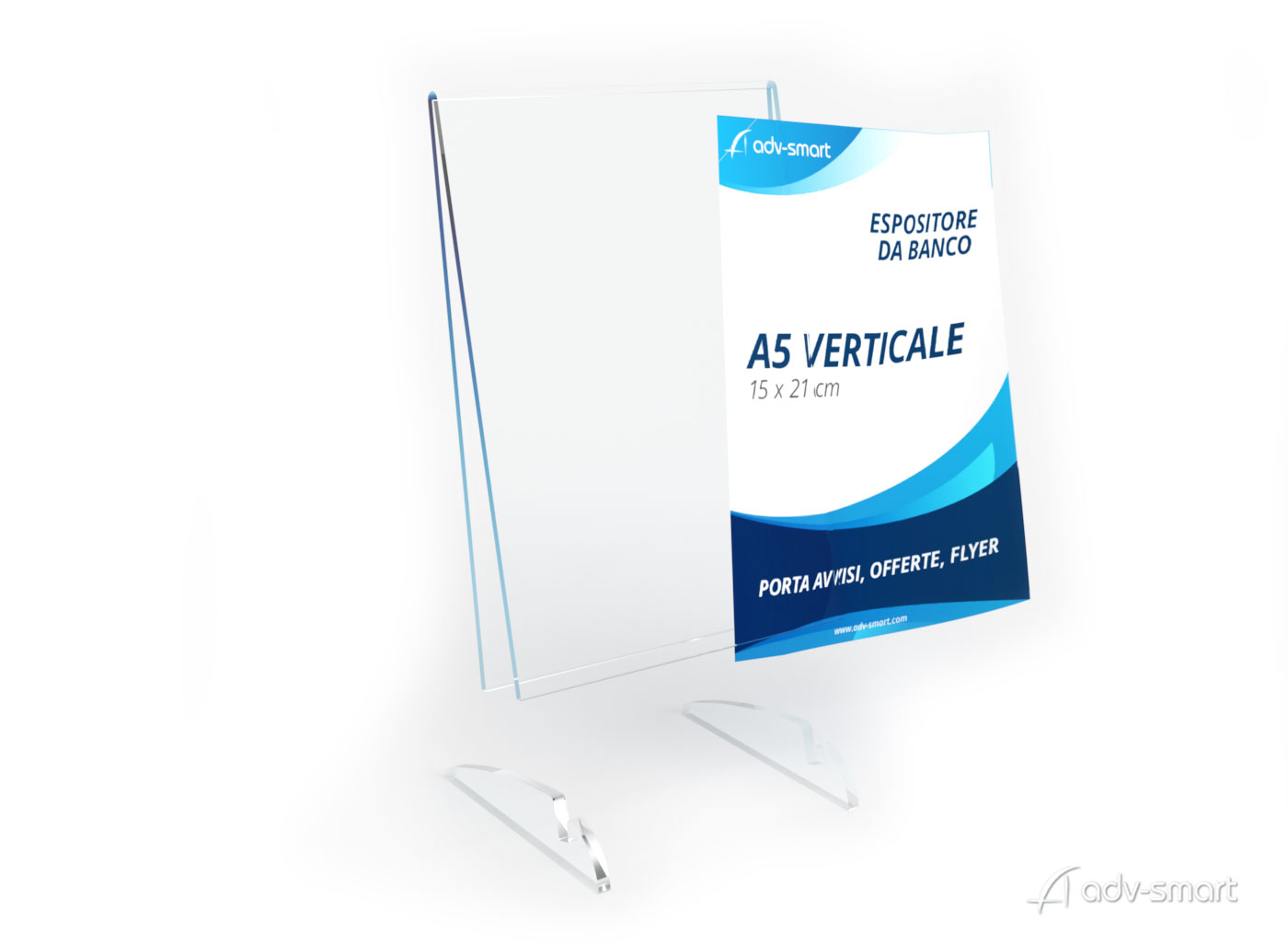 Porta depliant da banco in plexiglas apertura elastica a V per inserimento volantino, base con supporti ad incastro