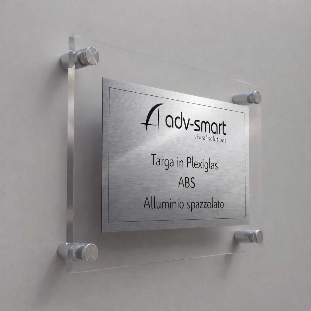 Targa in Plexiglass trasparente e bordi lucidi con pannello in ABS finitura Alluminio spazzolato grafica con incisione di colore nero