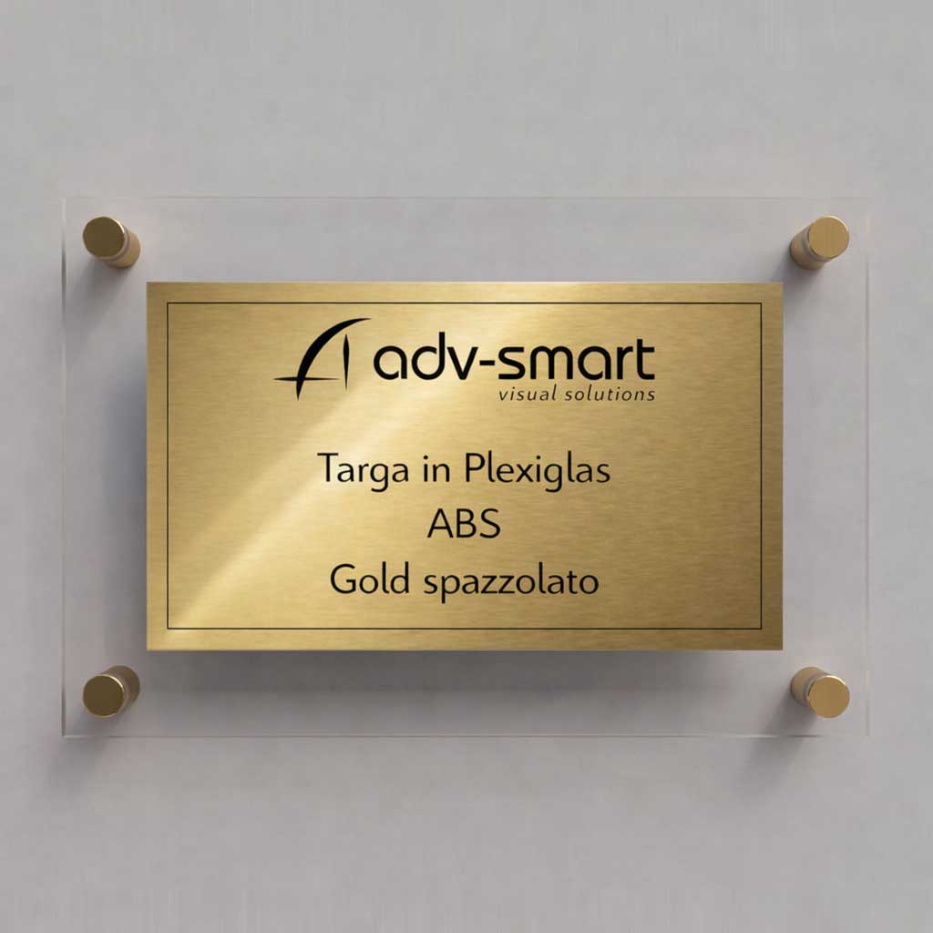 Targa in Plexiglass trasparente e ABS Ottone spazzolato grafica con incisione nero e distanziali oro